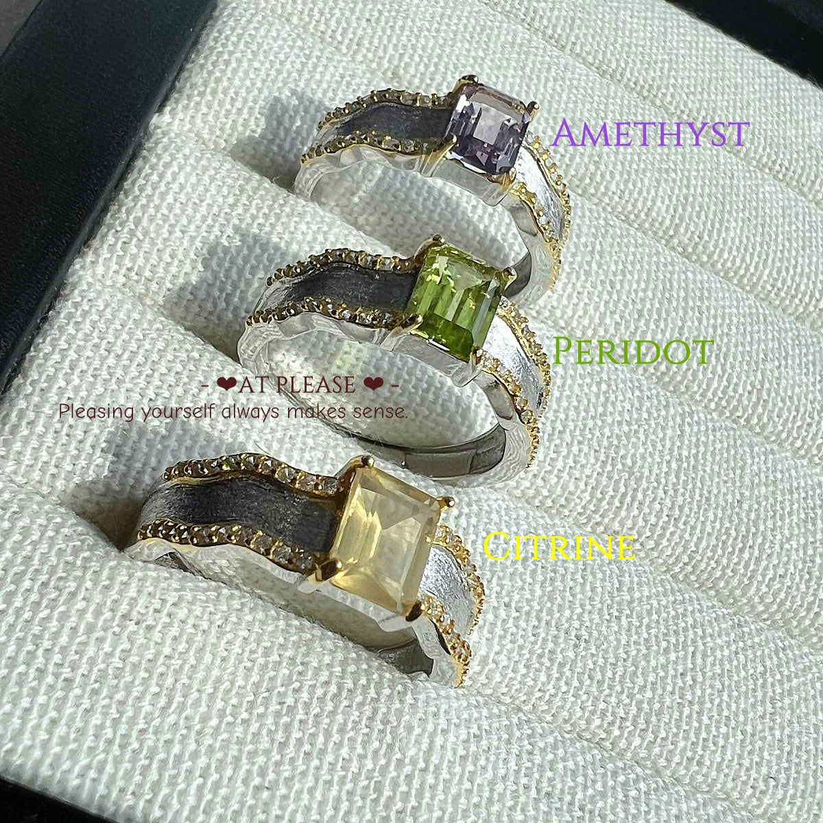 s925 Silber Drei-Edelstein-Ring – Peridot Amethyst Citrin Verstellbar