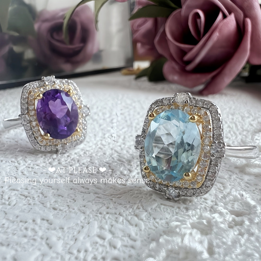 S925 Silber 18K Gold Luxe Energiering – Topas (Blau) / Amethyst