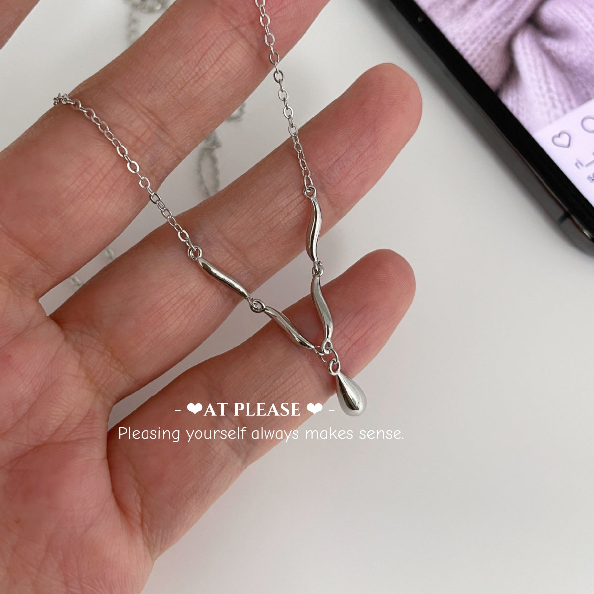 Halskette mit Wellen-Tropfen-Anhänger – S925 Sterling Silber, minimalistischer Schlüsselbeinschmuck