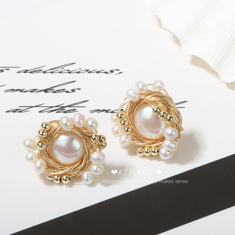 Vintage Hand-Woven Bird's Nest Design Natural Pearl S925 Silver Needle Earrings with 14K Gold-Plated Studs - Elegant and Stylish Earrings