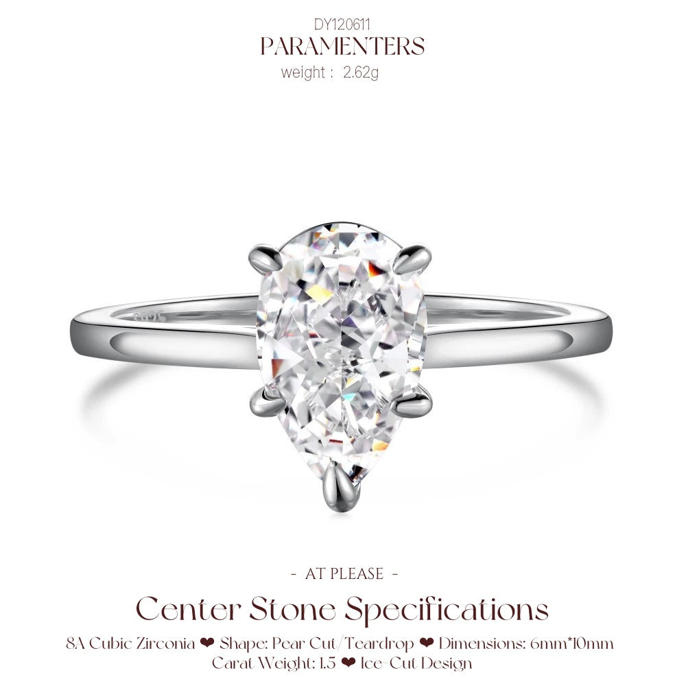 Birnenförmiger Zirkonia-Ring aus 925er Sterlingsilber | Verlobungsring mit Eisschliff-Design, Hochzeitsschmuck