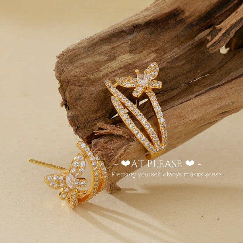 French Light Luxury Cubic Zirconia Butterfly Stud Earrings - S925 Silver with 18k Gold Plated