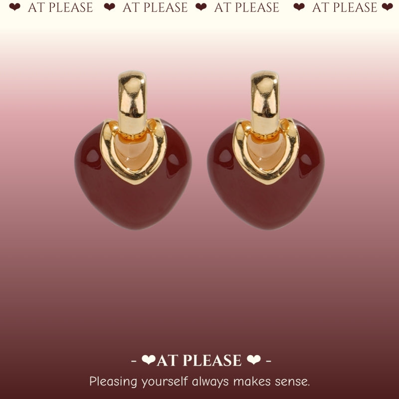 S925 Silver Gold-Plated Burgundy Enamel Heart Stud Earrings - French Vintage Style