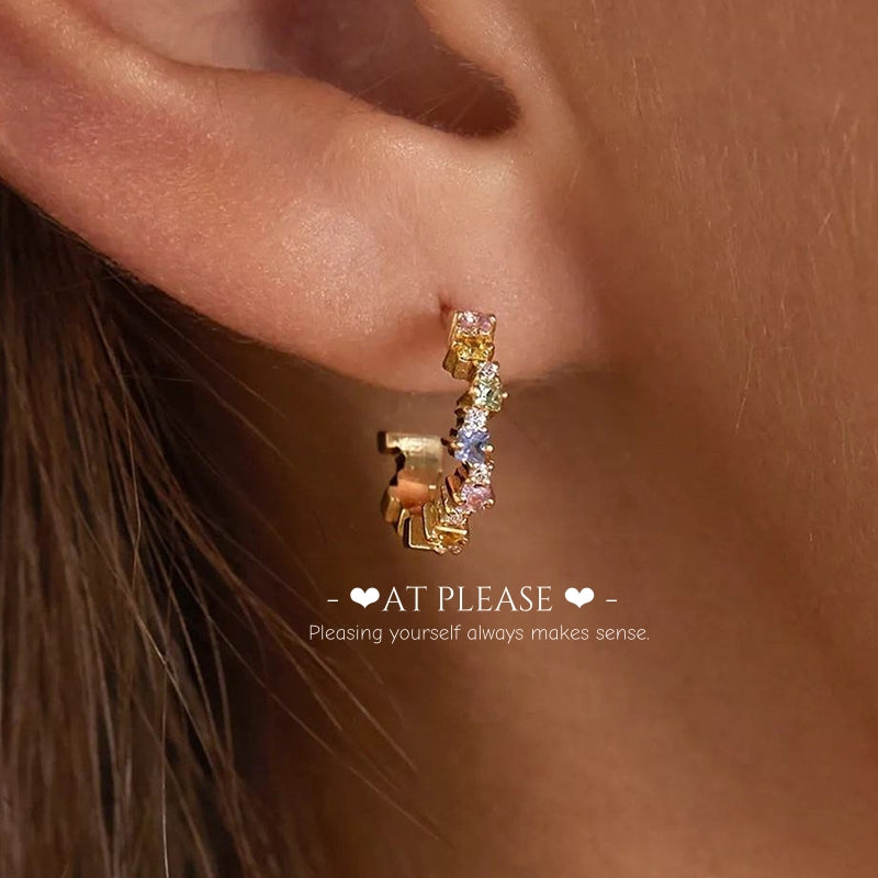 Colorful Dopamine-inspired Rhinestone C-Hoop Earrings - Ins & Personalized Earrings - S925 Gold Plated