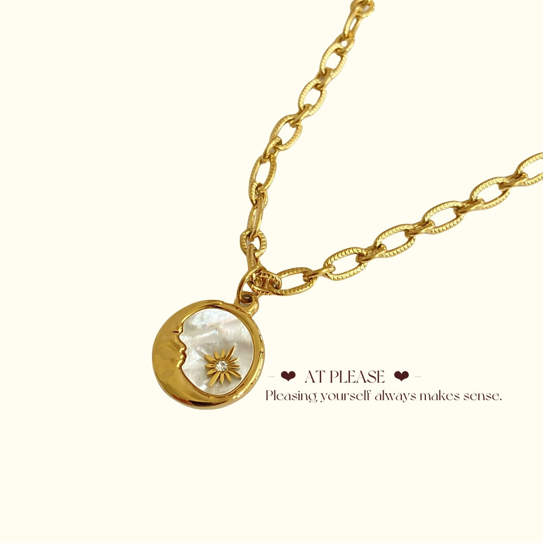 Couple Jewelry -Vintage Celestial Coin Necklace - Stainless Steel Sun & Moon Pendant with Mother-of-Pearl Inlay