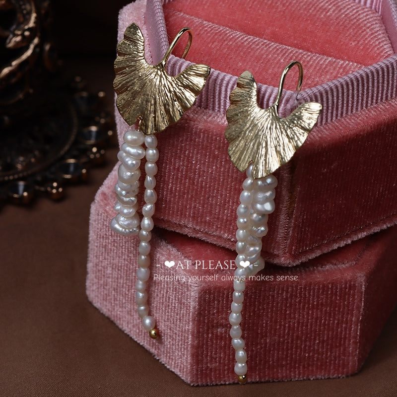 Ginkgo Leaf Gold-Plated Natural Baroque Pearl Tassel Earrings - Niche Retro Design