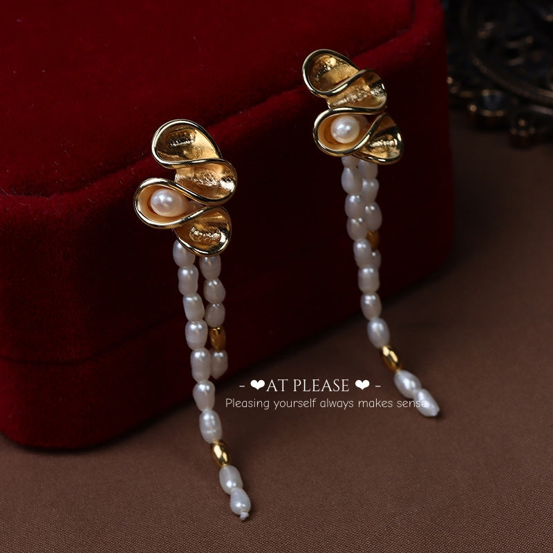 Natural Freshwater Pearl Tassel Niche Retro Gold Flower Earrings -Original Design