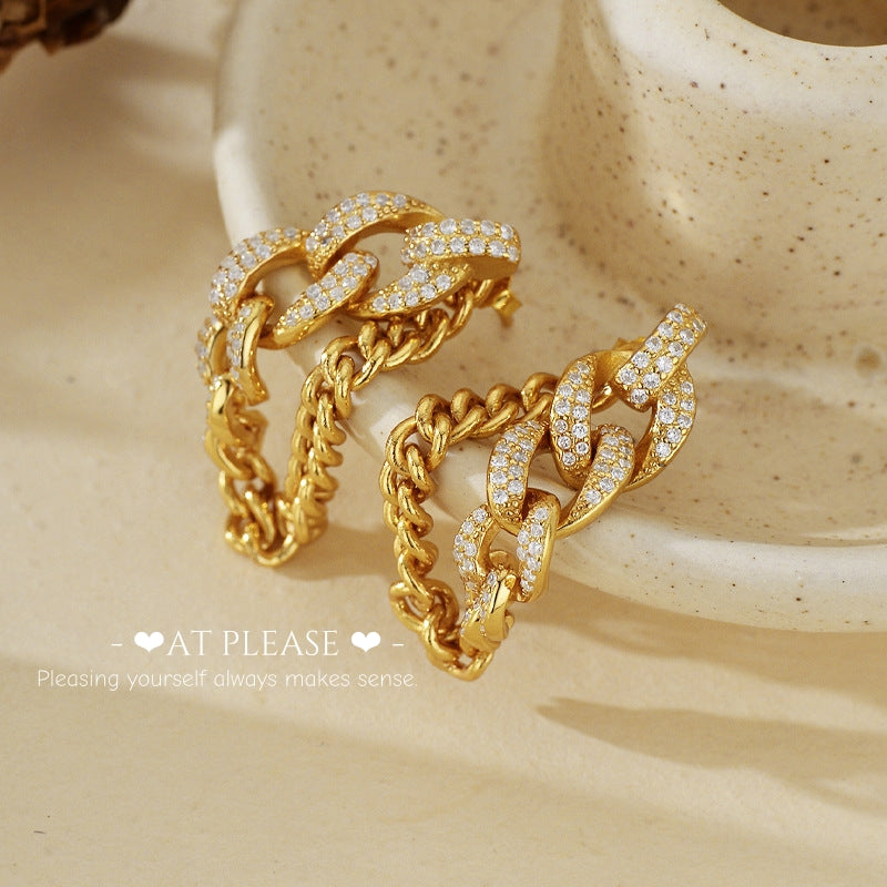 S925 Silver 18k-gold Plated Niche Light Luxury High-End Cubic Zirconia Chain Earrings - Versatile Design