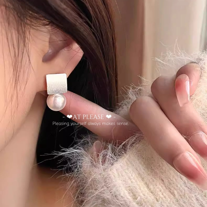 S925 Silver Geometric Square Shell Pearl Drop Earrings - Minimalist French Retro Style