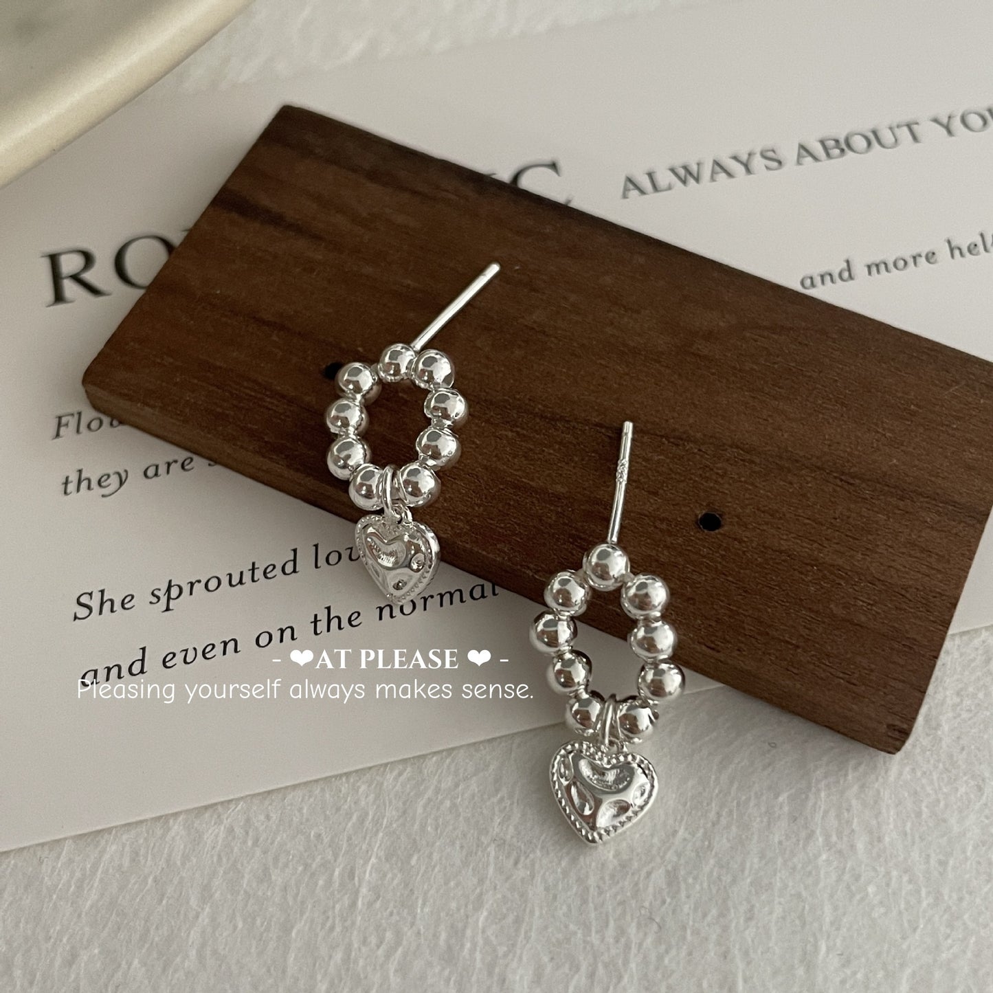 S925 Sterling Silver Beaded Heart Stud Earrings - Korean-Style Minimalist Design
