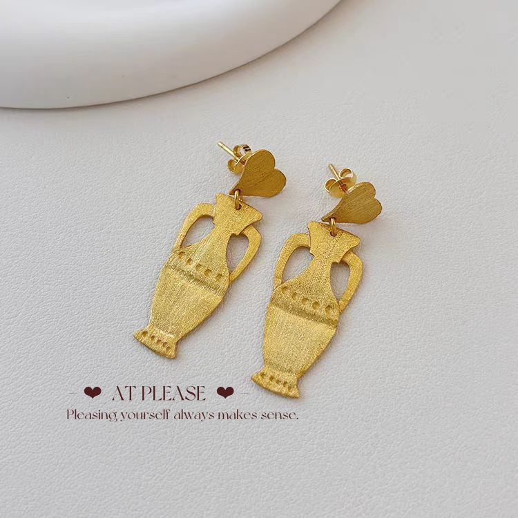 Spanish Vase-shaped Ultra-thin Brushed Gold-plated Dangle Statement Earrings - S925 Pin - Luxury Niche Accessory
