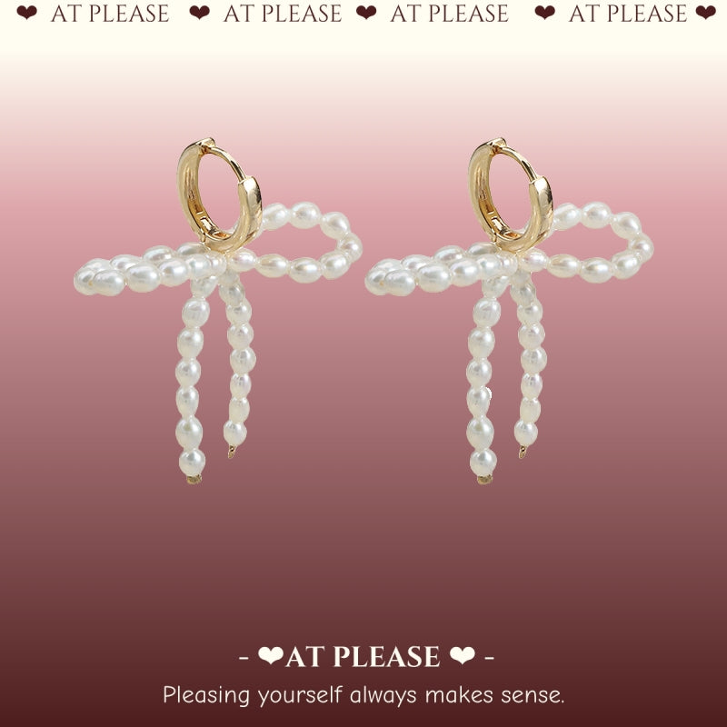 S925 Silver Gold-Plated French Natural Freshwater Pearl Bow Earrings - Luxury Sweet Design