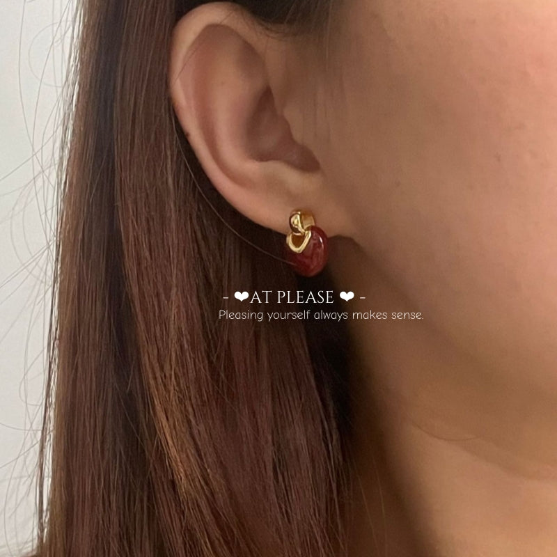 S925 Silver Gold-Plated Burgundy Enamel Heart Stud Earrings - French Vintage Style
