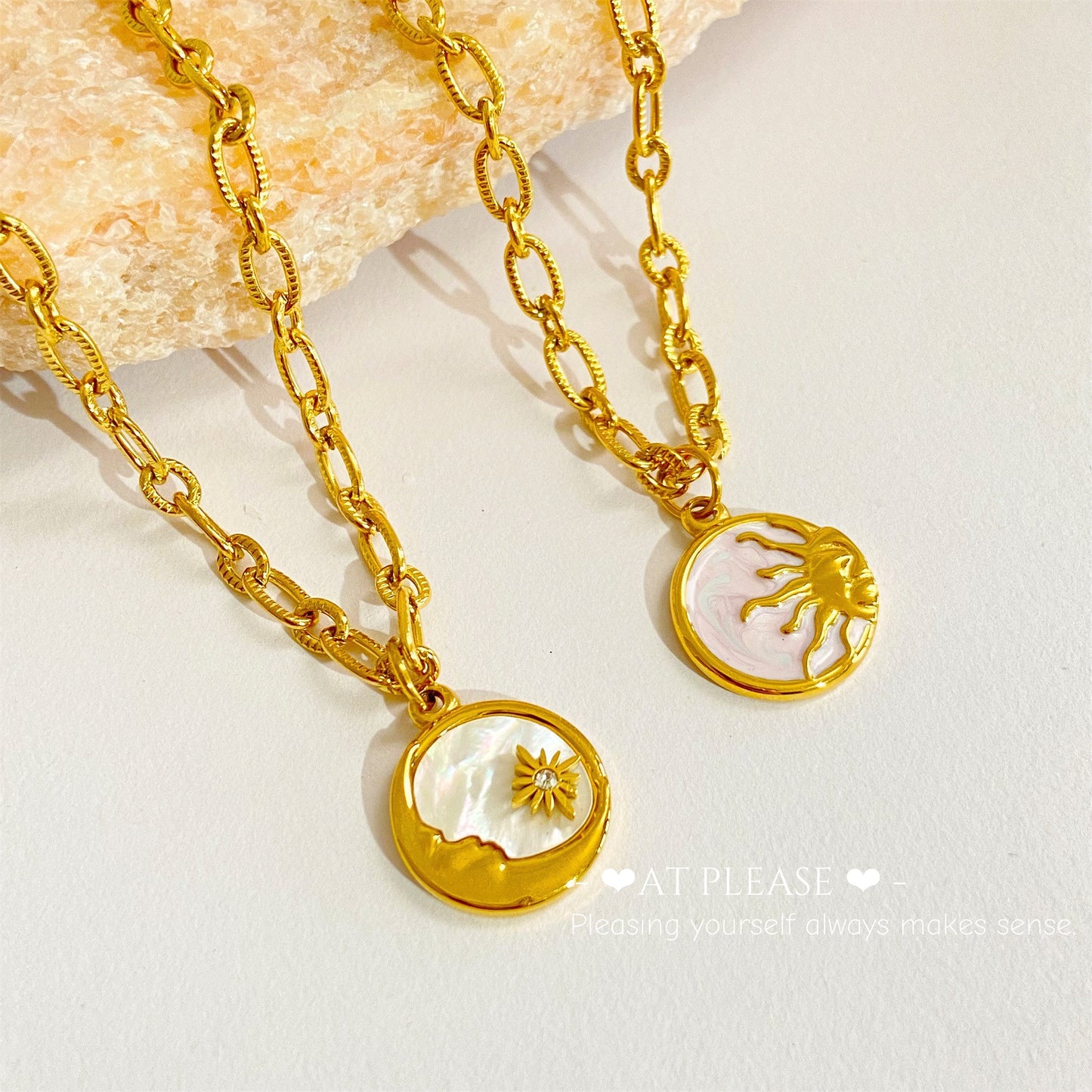 Couple Jewelry -Vintage Celestial Coin Necklace - Stainless Steel Sun & Moon Pendant with Mother-of-Pearl Inlay