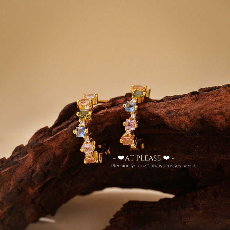 Colorful Dopamine-inspired Rhinestone C-Hoop Earrings - Ins & Personalized Earrings - S925 Gold Plated