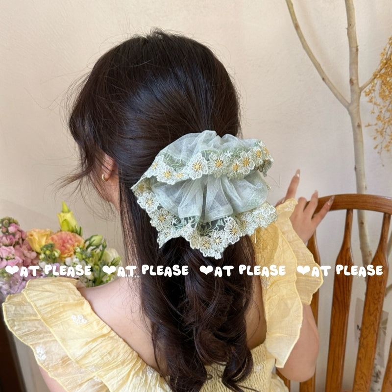 Sage Green Tulle Scrunchie with Lace Trim | Boutique Vintage Country Style