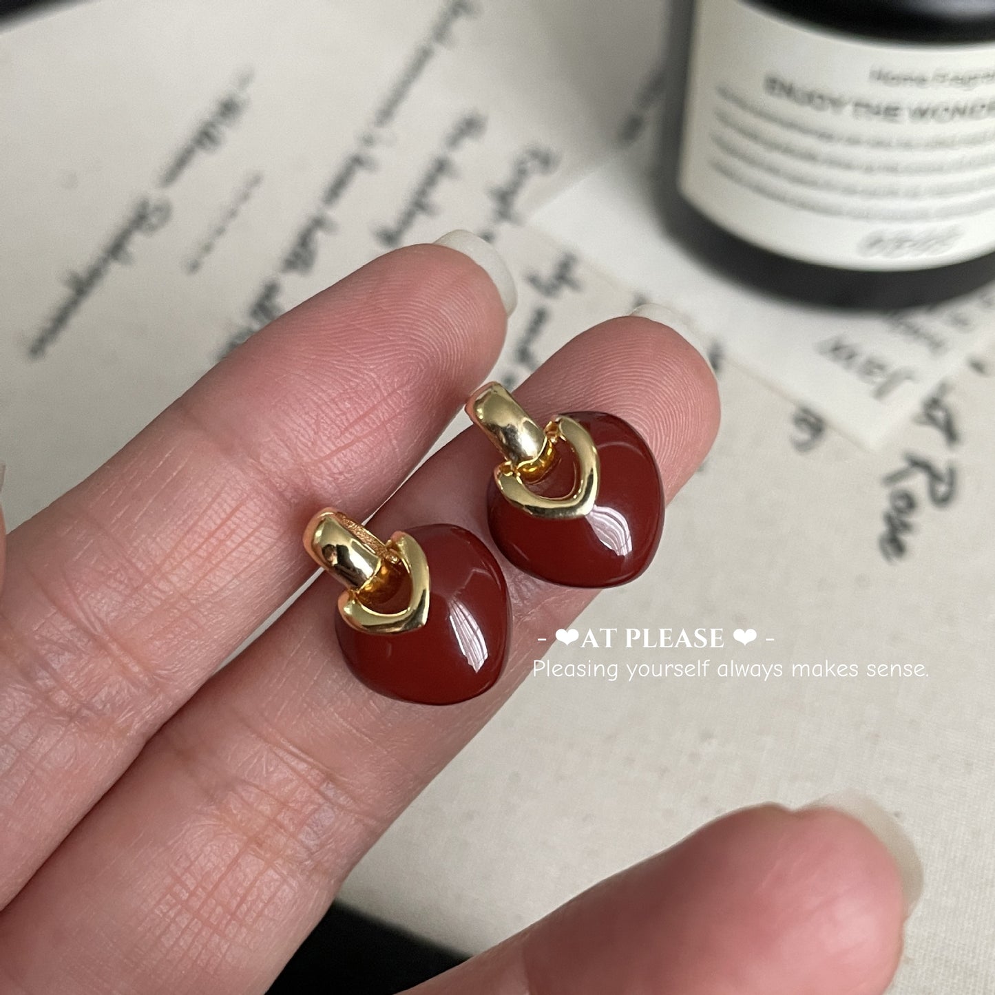 S925 Silver Gold-Plated Burgundy Enamel Heart Stud Earrings - French Vintage Style