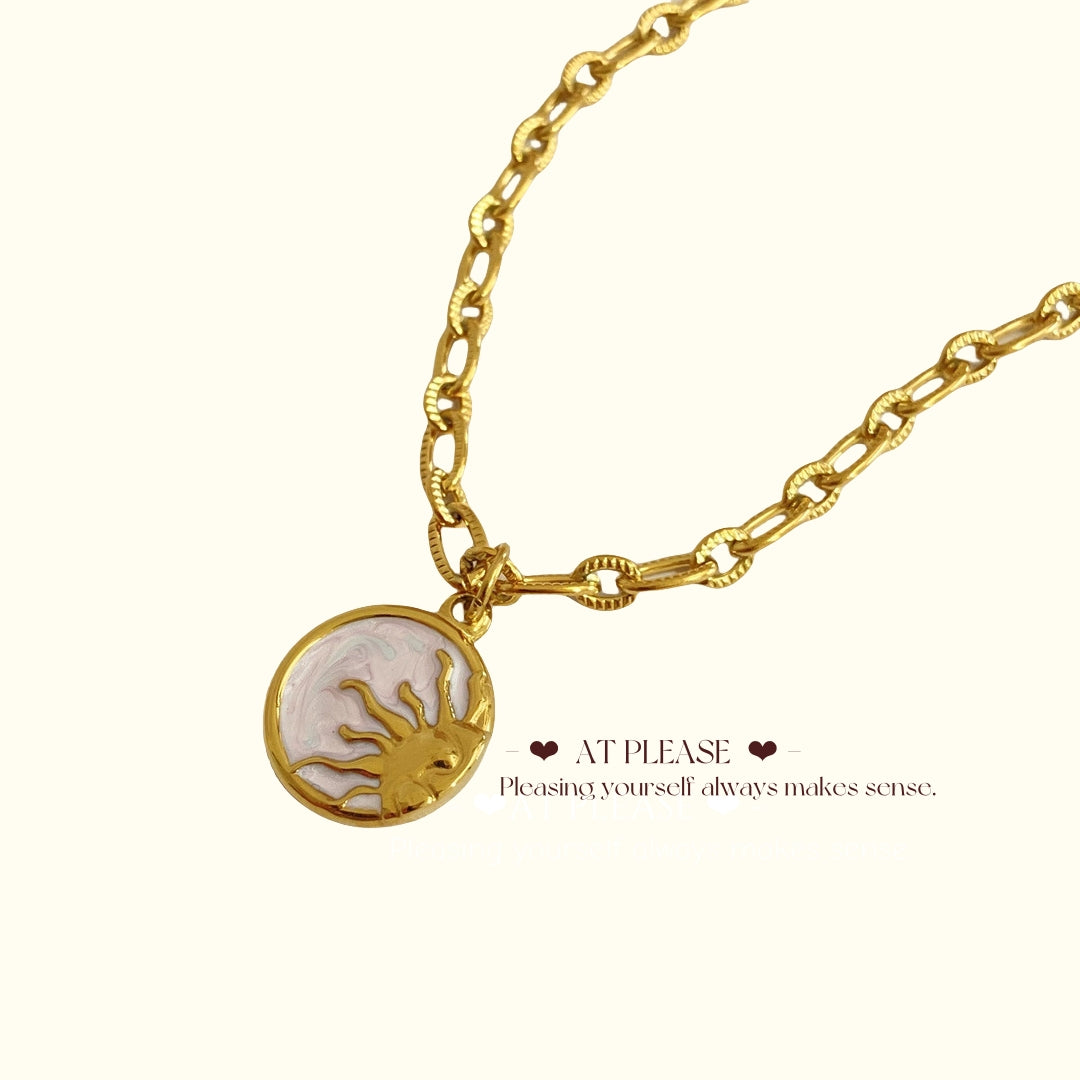 Couple Jewelry -Vintage Celestial Coin Necklace - Stainless Steel Sun & Moon Pendant with Mother-of-Pearl Inlay
