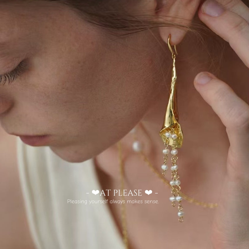 Long Calla Lily Asymmetric Statement Earrings - Luxury Design