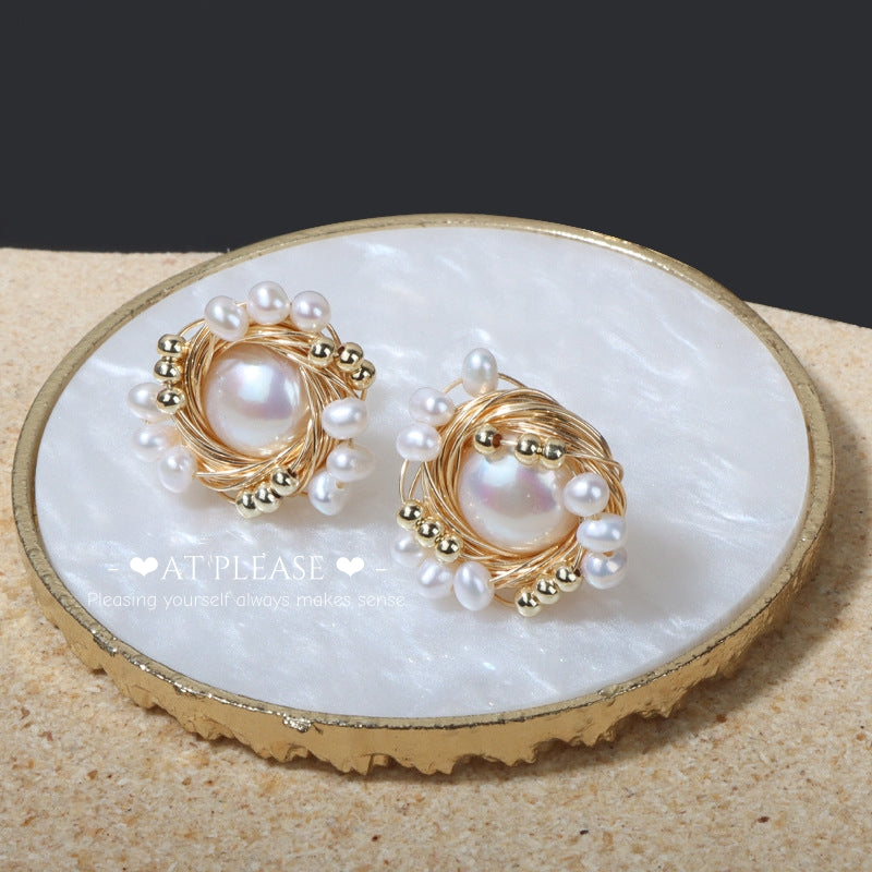 Vintage Hand-Woven Bird's Nest Design Natural Pearl S925 Silver Needle Earrings with 14K Gold-Plated Studs - Elegant and Stylish Earrings