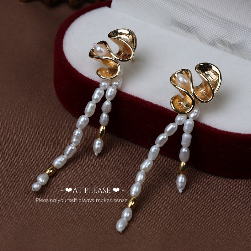 Natural Freshwater Pearl Tassel Niche Retro Gold Flower Earrings -Original Design