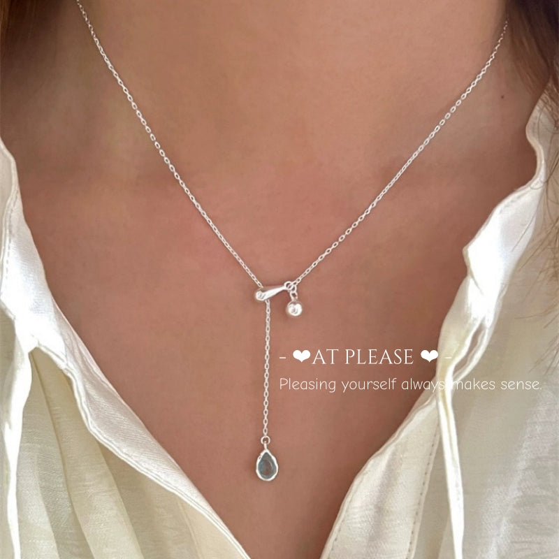 Adjustable Blue Zircon Teardrop Necklace - S925 Sterling Silver Slider Collarbone Chain with Prong-Set Gem