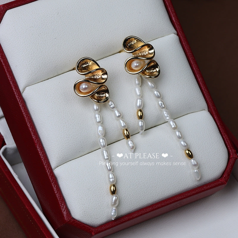 Natural Freshwater Pearl Tassel Niche Retro Gold Flower Earrings -Original Design