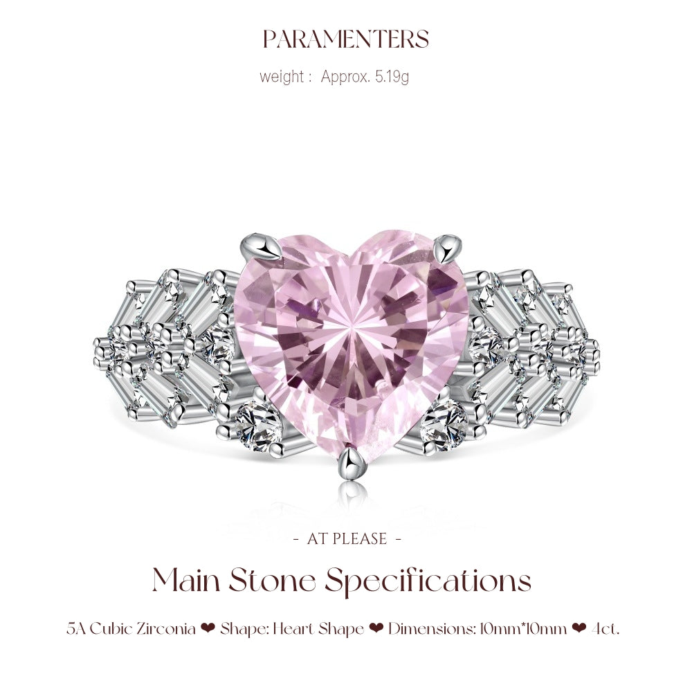 S925 Sterling Silber Rosa Herz Zirkonia Ring | Hochzeitsbankett Nordischer Hit Designer Stil