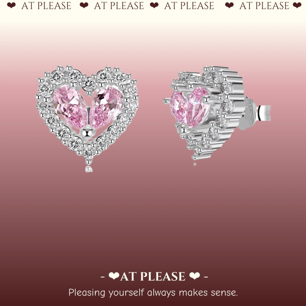 S925 Sterling Silver Heart-Cut Pink Zirconia Inlay Stud Earrings - Delicate Fashionable Light Luxury