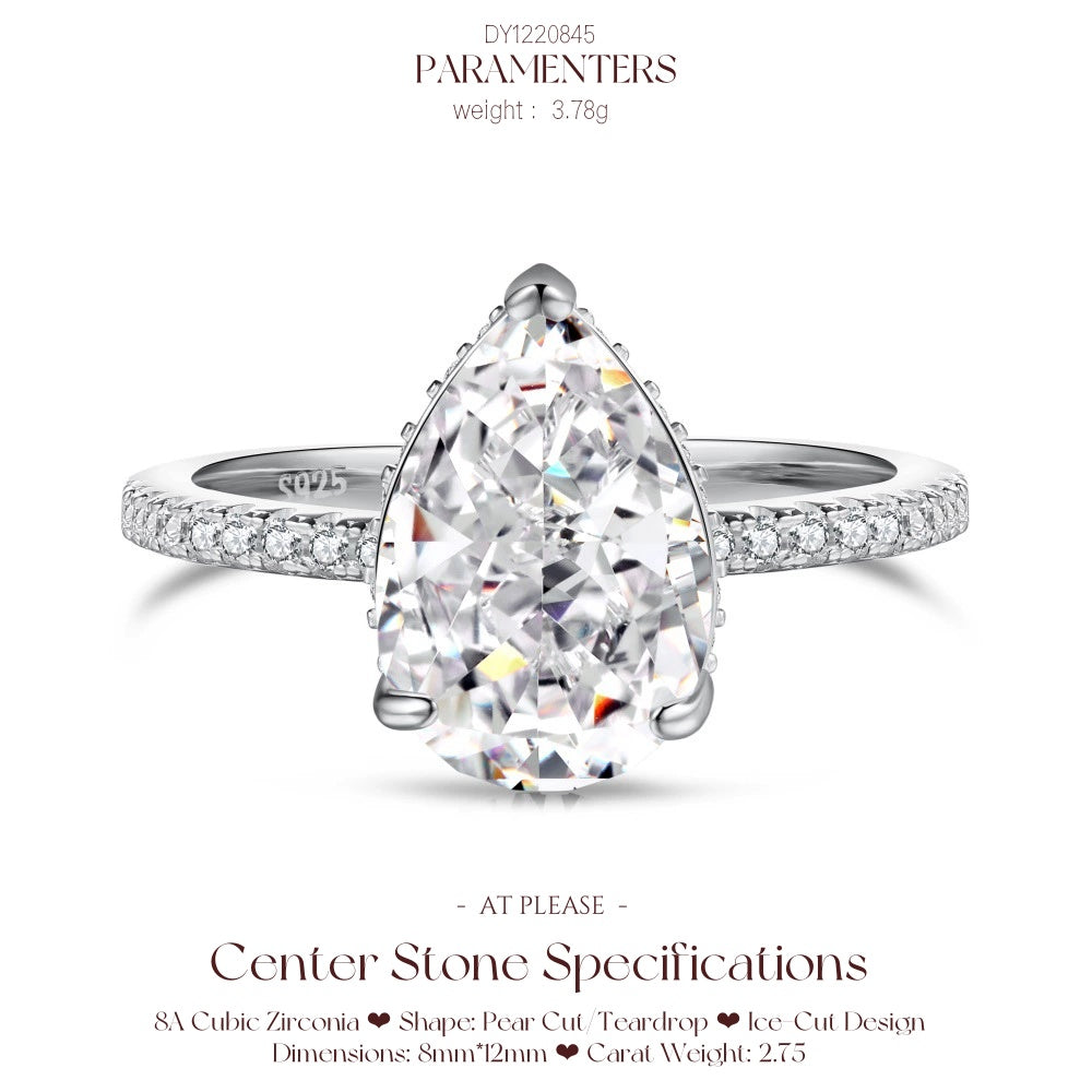 Birnenförmiger Zirkonia-Ring aus 925er Sterlingsilber | Verlobungsring mit Eisschliff-Design, Hochzeitsschmuck
