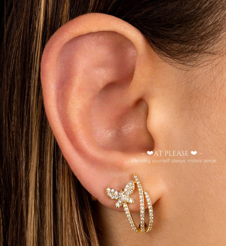 French Light Luxury Cubic Zirconia Butterfly Stud Earrings - S925 Silver with 18k Gold Plated