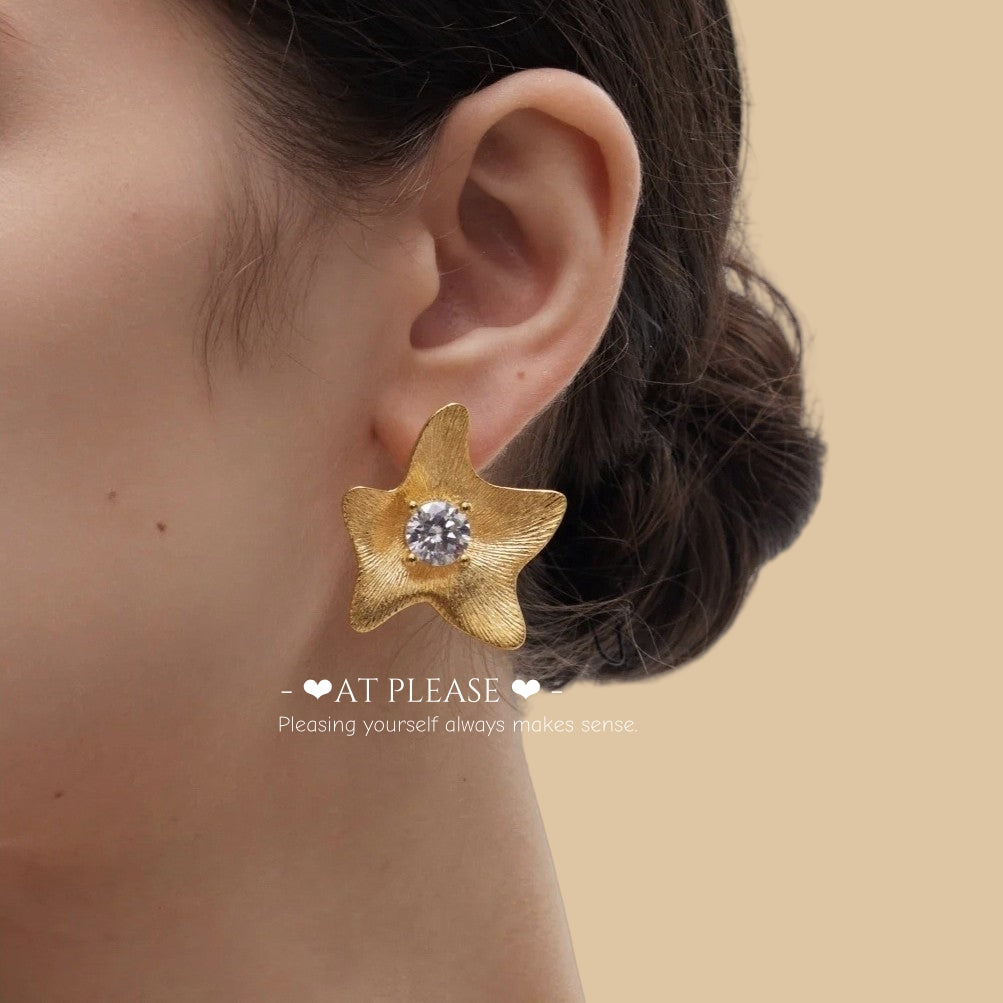Vintage Brushed Starfish with Zircon Earrings - Luxury Elegant Stud Design S925 Silver Pin