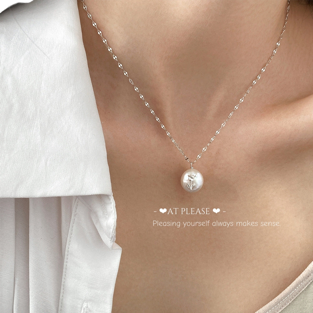 Baroque Pearl Rose Necklace - S925 Sterling Silver Niche Jewelry with Organic Charm