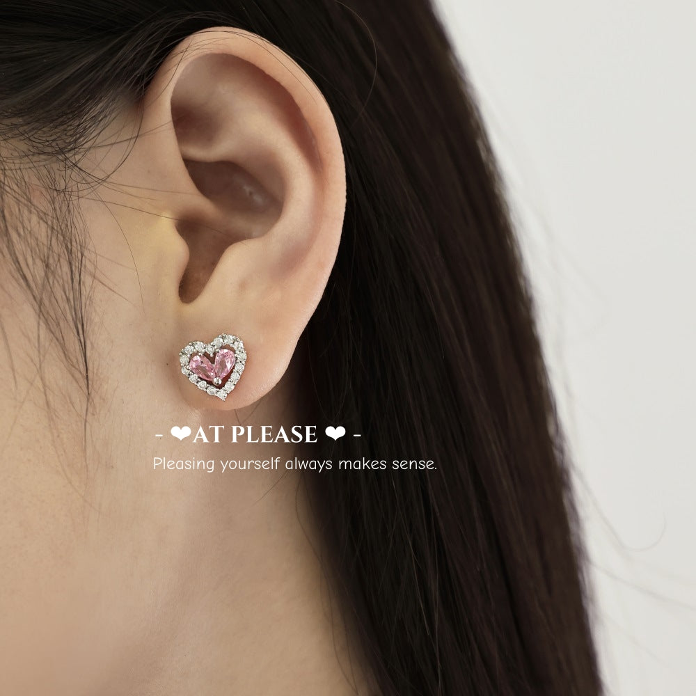 S925 Sterling Silver Heart-Cut Pink Zirconia Inlay Stud Earrings - Delicate Fashionable Light Luxury