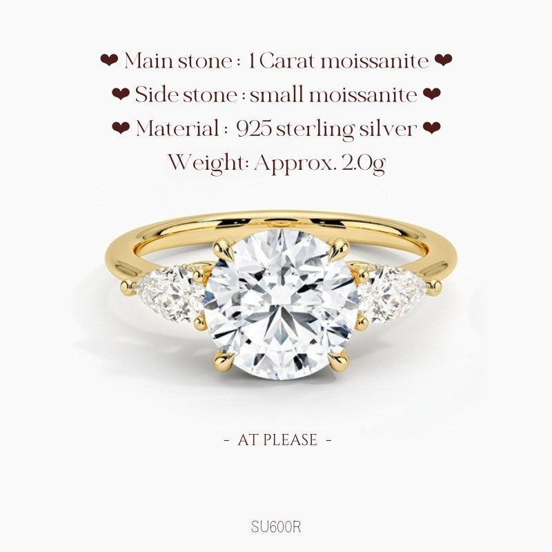 Moissanit S925 Sterling Silber Ring | Hochzeitsschmuck mit Echtheitszertifikat | Französisch-klassisches Drei-Stein-Design