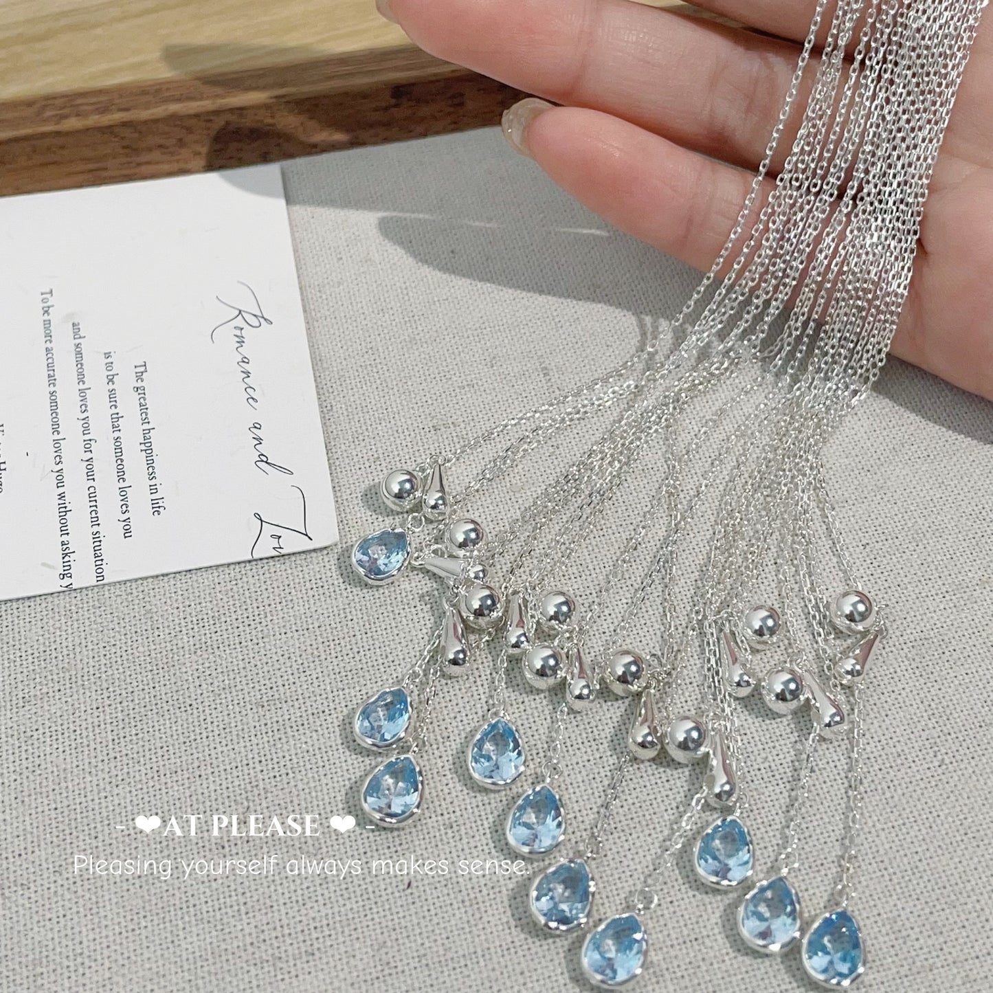 Adjustable S925 sterling silver necklace with blue zircon teardrop pendant and sliding chain, minimalist collarbone jewelry for women