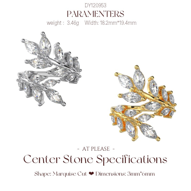 Leaf-encrusted marquise-cut CZ ring in recycled S925 silver with adjustable band