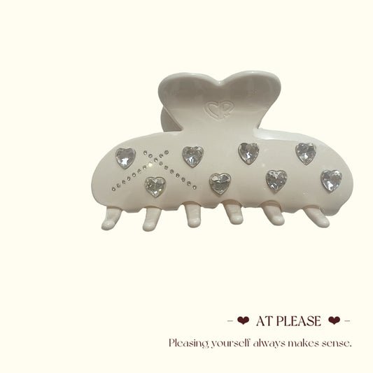 White Heart-Shaped Rhinestone-Embellished Acetate Hair Claw Clip - Sweet and Cool Youthful Style