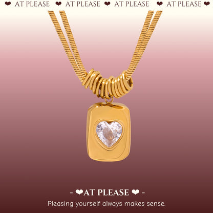 Vintage Geometric CZ Heart Pendant Necklace - Titanium Steel Layered Snake Chain with Minimalist Luxury Design