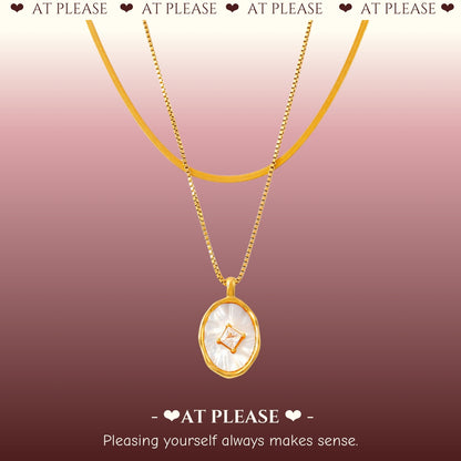 French Retro Oval Fritillary Pendant Necklace Setting - 18k Gold Plated Titanium Steel Layered Choker with Zircon Accents