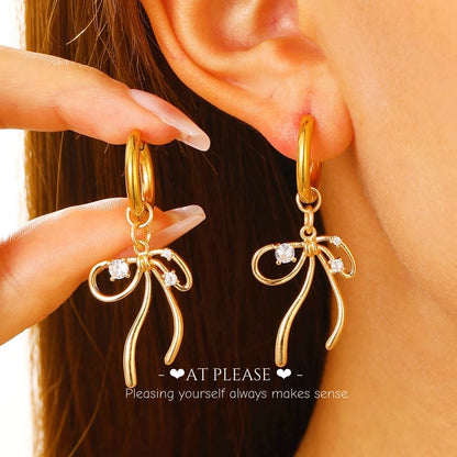 Fairy's Bow Hoop Earrings - Gold-Plated Copper with Princess Cut Zirconia