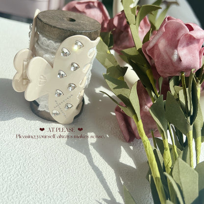 White Heart-Shaped Rhinestone-Embellished Acetate Hair Claw Clip - Sweet and Cool Youthful Style