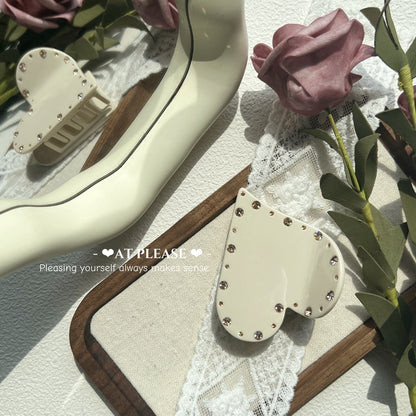 Cream Heart-Shaped Rhinestone Hair Claw Clip - Youthful Sweet Style
