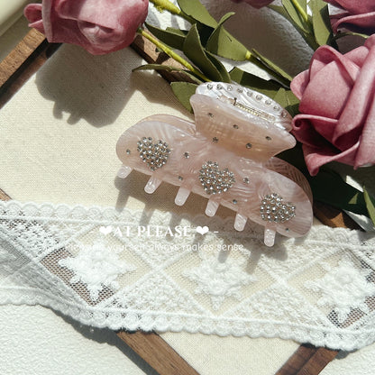 White Rhinestone-Embellished Heart Acetate Hair Claw Clips - Vintage Sweet Style