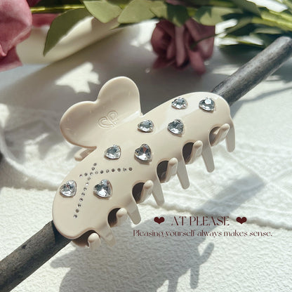 White Heart-Shaped Rhinestone-Embellished Acetate Hair Claw Clip - Sweet and Cool Youthful Style