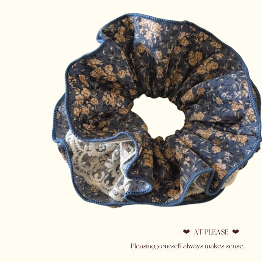 Cottagecore Blue Floral Scrunchie | Patchwork Lace for Rustic Charm
