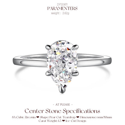 Birnenförmiger Zirkonia-Ring aus 925er Sterlingsilber | Verlobungsring mit Eisschliff-Design, Hochzeitsschmuck