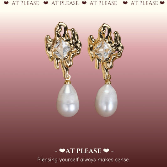 Niche Design Natural Freshwater Pearl Baroque Drop Earrings - Gold-Plated Copper with Diamond -S925 Pin