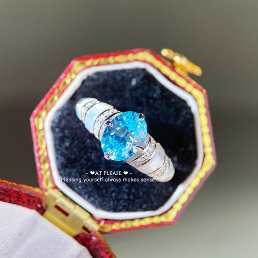 925 Sterling Silber Blauer ovaler Zirkon mit Muschelring – Luxuriöser Boho Chic Schmuck