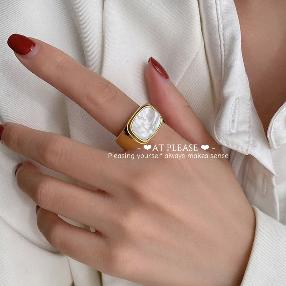 Stainless Steel White Mother of Pearl Ring – Vintage Minimalist Vacuum-Plated Jewelry